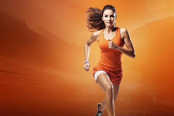 Woman in motion jogging in sportswear for belly fat reduction