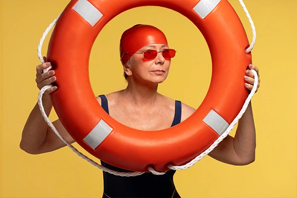 Woman in swim gear with life ring, ready for a water workout