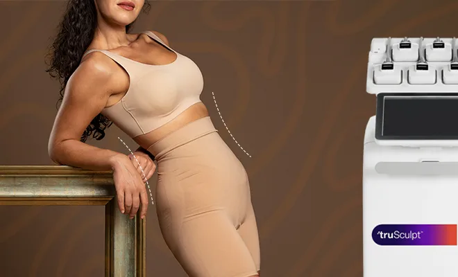 Woman in beige shapewear leaning on a frame next to a truSculpt device.