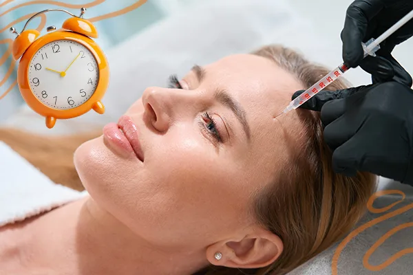 Close-up of a person receiving a Botox injection in the forehead area, administered by a professional wearing black gloves. An orange alarm clock is visible in the background.