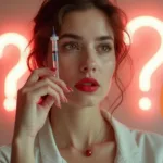 Gorgeous girl holding a Botox injection in hand near her face in front of a neon sign with red question marks