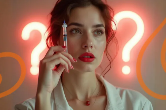 Gorgeous girl holding a Botox injection in hand near her face in front of a neon sign with red question marks