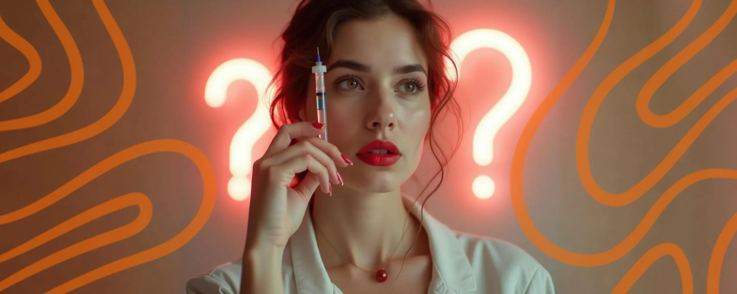 Gorgeous girl holding a Botox injection in hand near her face in front of a neon sign with red question marks