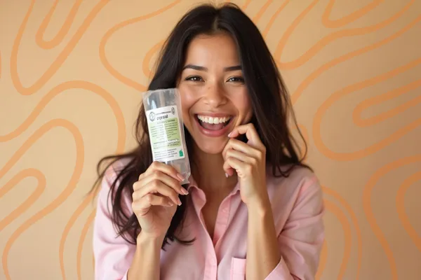 Smiling woman holding an IV hydration drip, promoting skin health benefits.