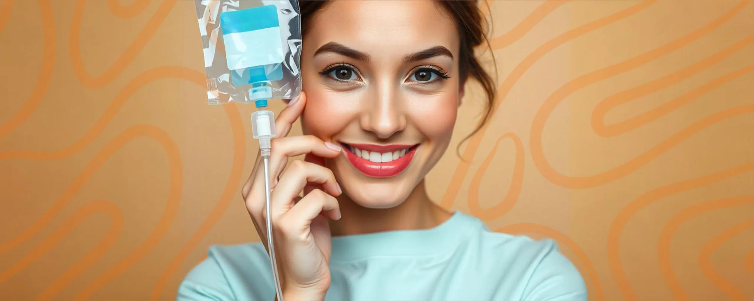 Close-up of a happy woman with a beauty IV drip, highlighting skincare benefits.