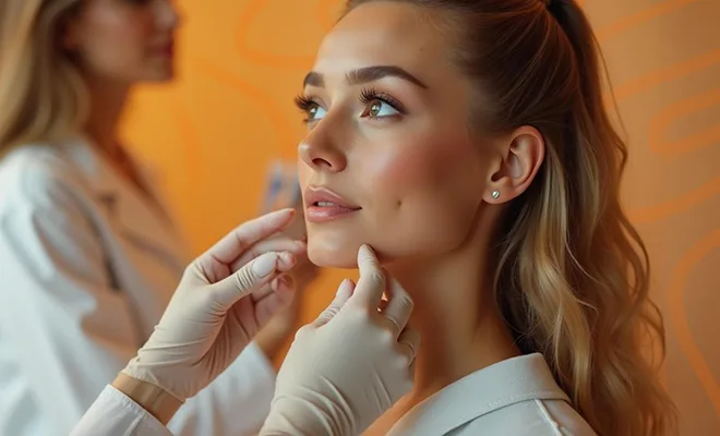 Medical professional touching woman's face in preparation for safe gel injection.