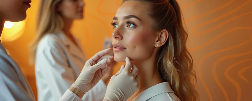 Medical professional touching woman's face in preparation for gel injection.