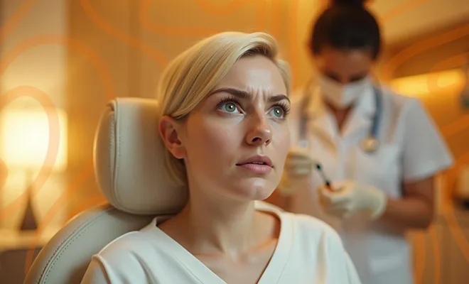 Anxious woman awaiting filler injection at clinic, with doctor preparing