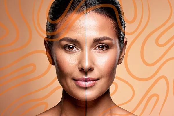 comparing two sides of a woman's face before and after face contouring treatment