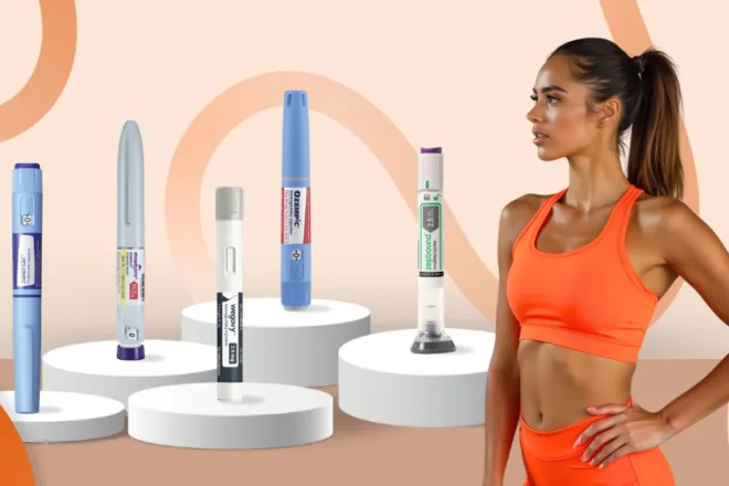 Fat reduction medication pens, including Ozempic, Wegovy, Zepbound, Mounjaro,, and Saxenda, displayed alongside a fit woman in activewear.
