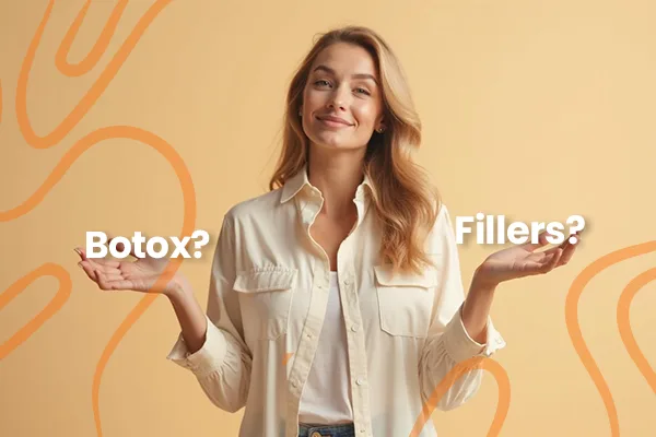 Woman with arms extended, with 'Botox?' and 'Fillers?' written above the hands, standing against a beige background with orange abstract lines