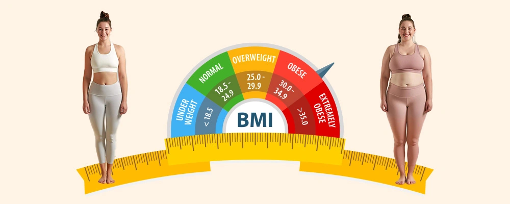 Illustration of BMI dial with normal-weight woman on one side and obese woman on the other, highlighting BMI categories.