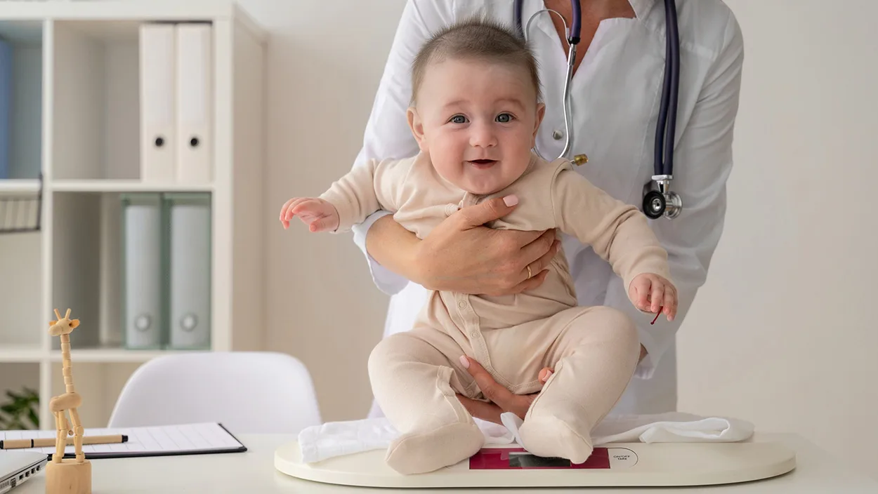 Pediatrician weighing a baby during a growth checkup