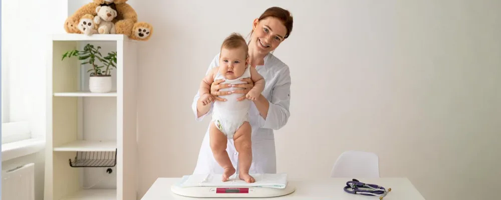Female pediatrician weighing a toddler to assess child BMI