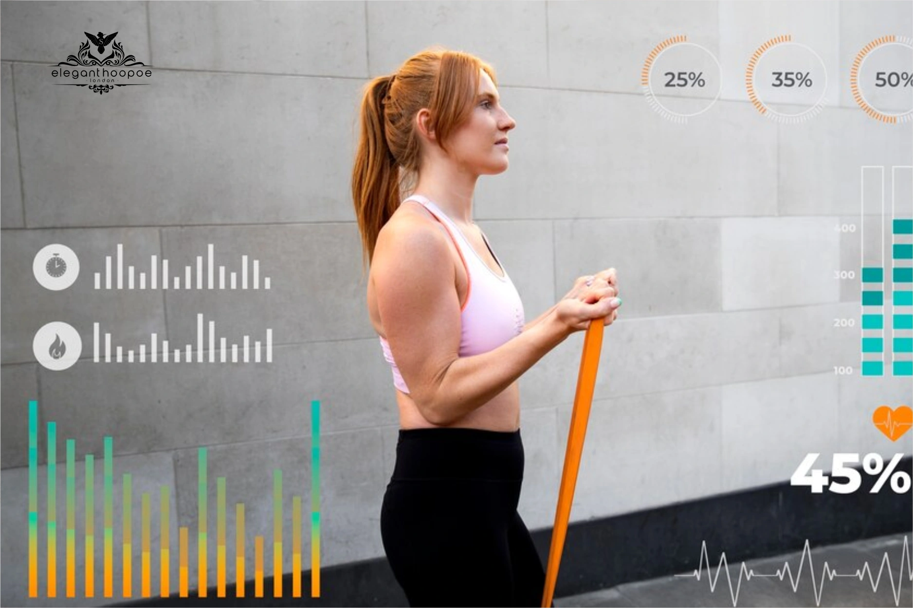 Female bodybuilder testing resistance band with BMI and body-fat stats overlay. 