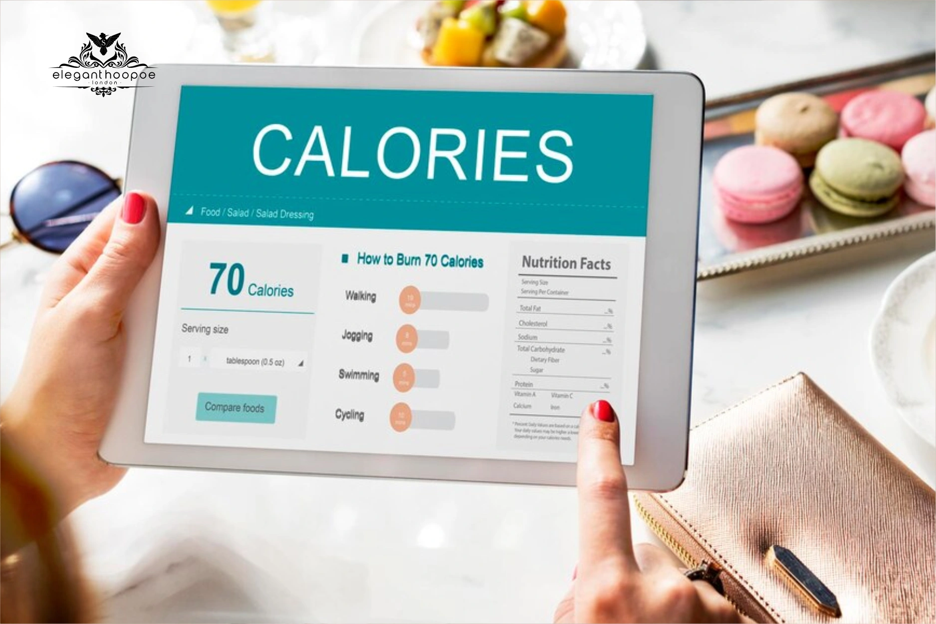 A tablet displaying calorie count, exercise comparison, and nutrition facts to support BMI and health tracking.