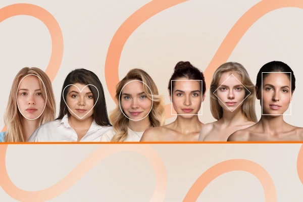 Six women side-by-side, each outlined as oval, heart, round, square, diamond and long face shapes