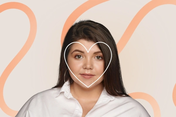 Woman with heart-shaped outline showing broad forehead, high cheeks, narrow chin