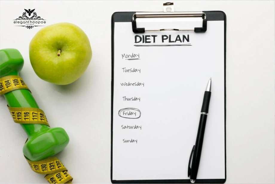 Clipboard diet plan with daily schedule, green apple, dumbbell, and measuring tape for weight management.
