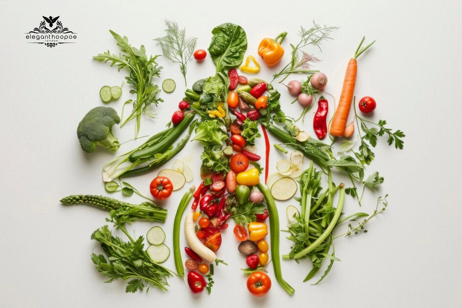 Artistic outline of a human body arranged with colorful vegetables to explain how BMI links to fat distribution and body types