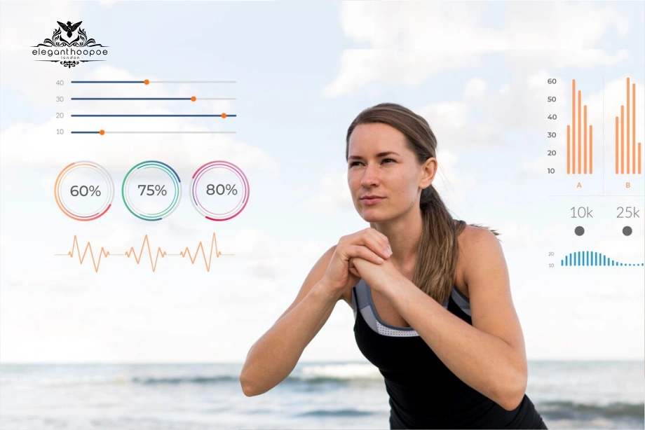 Fit woman performing squats by the sea with body-composition gauges. 