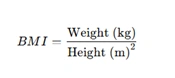 BMI formula showing weight divided by height squared for calculating Body Mass Index.