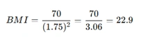 Example of BMI calculation using weight 70 kg and height 1.75 m resulting in BMI of 22.9.