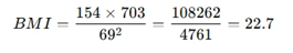 Example of BMI calculation using weight 154 lbs and height 69 inches resulting in BMI of 22.7.