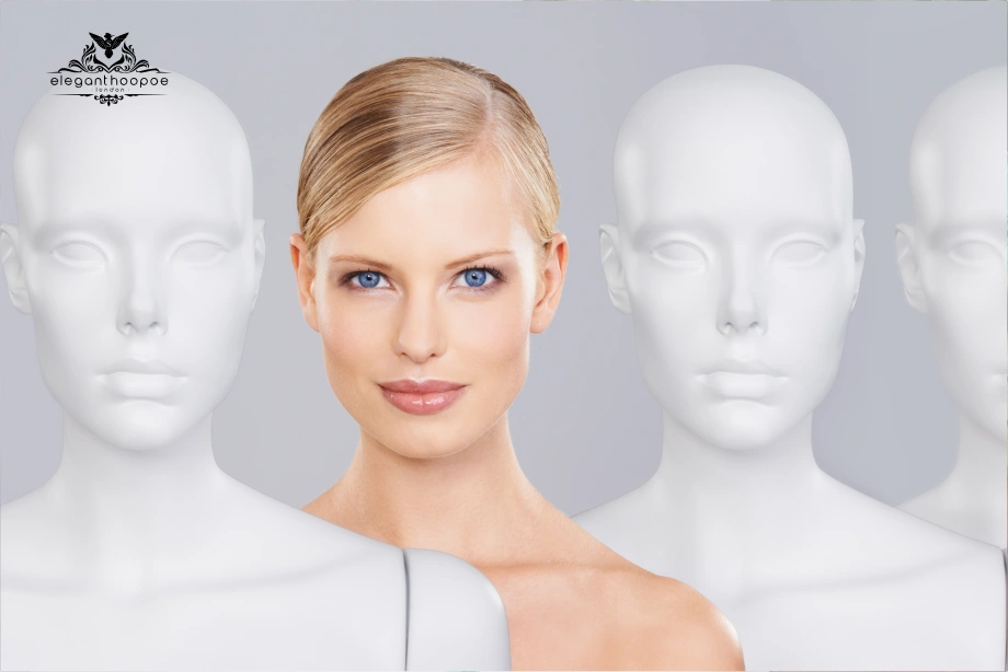 Real woman's face standing out among mannequins symbolizing perfect facial symmetry