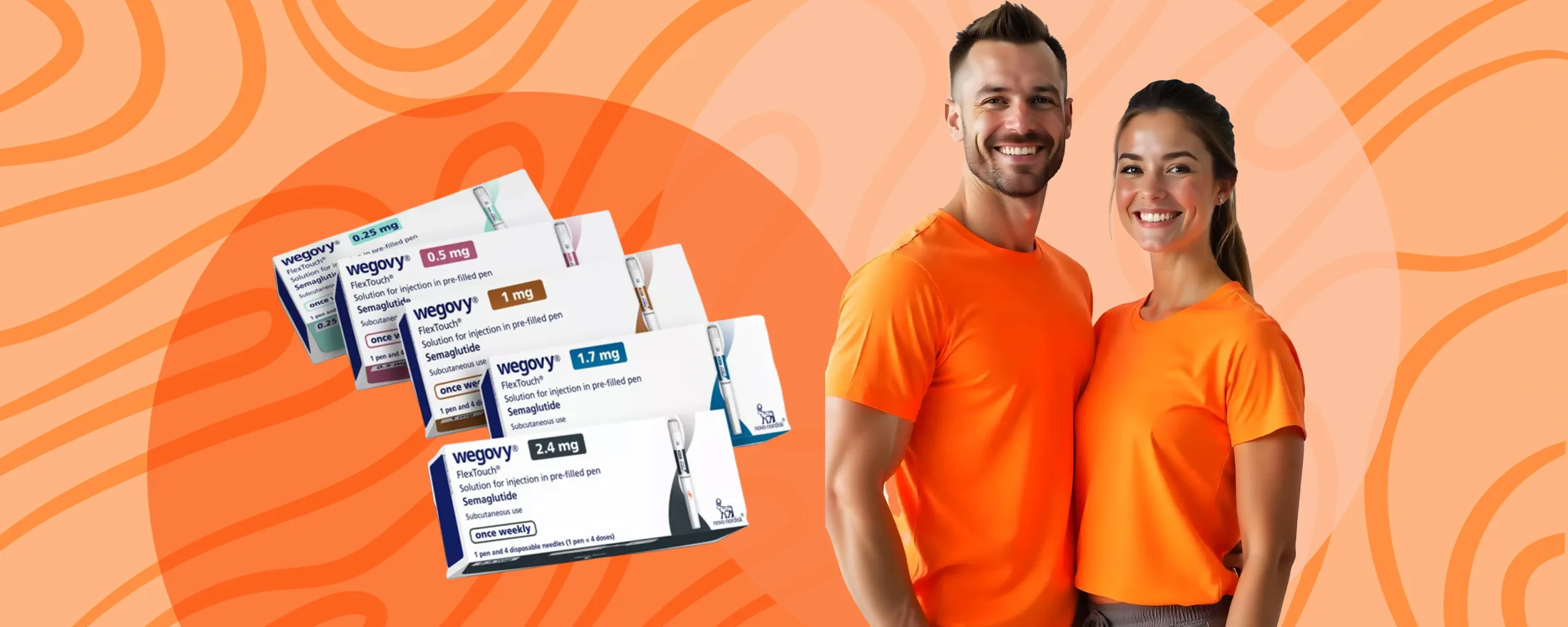 Wegovy injection pens in different dosages next to fit adults in orange shirts, illustrating Wegovy for weight loss benefits and dosing.