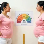 Two women compare body shapes beside a BMI dial poster