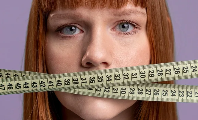 Woman gagged by measuring tape to depict being silenced by outdated BMI standards versus Waist-to-Hip Ratio facts