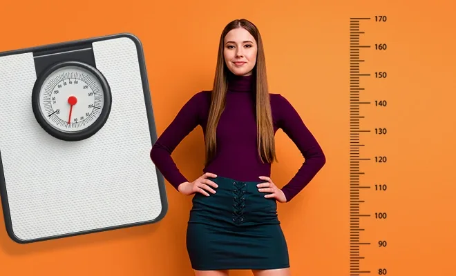 Young woman standing by scale and height chart illustrating BMI calculation basics
