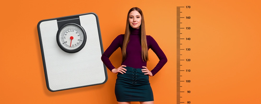 Young woman standing by scale and height chart illustrating BMI calculation basics