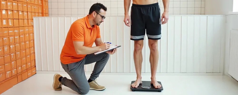 A man in an orange shirt kneels with a clipboard, recording another man’s weight as he stands on a digital scale, illustrating ideal weight measurement.