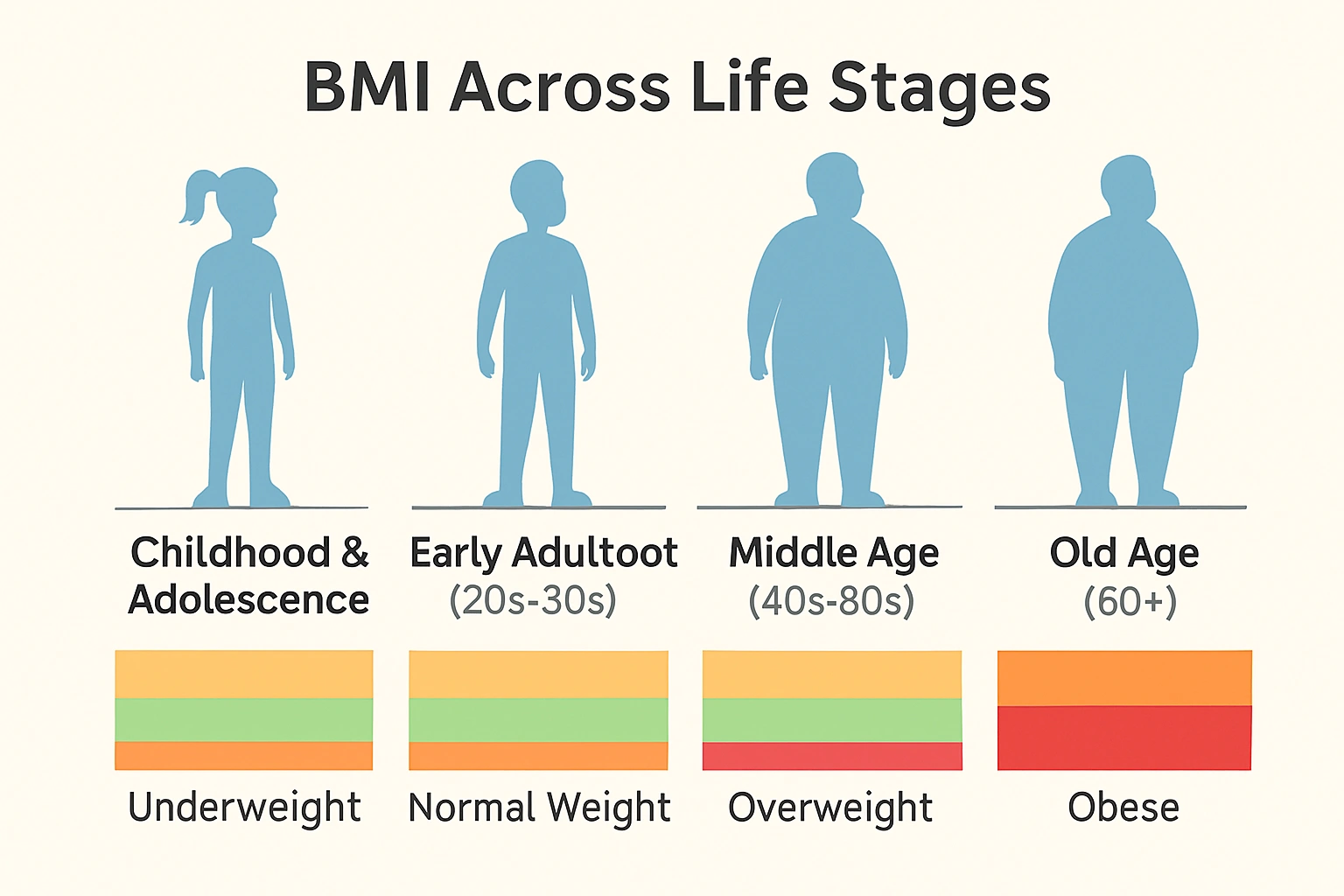 Infographic showing BMI categories (underweight, normal, overweight, obese) for childhood, early adulthood, middle age and older age silhouettes.