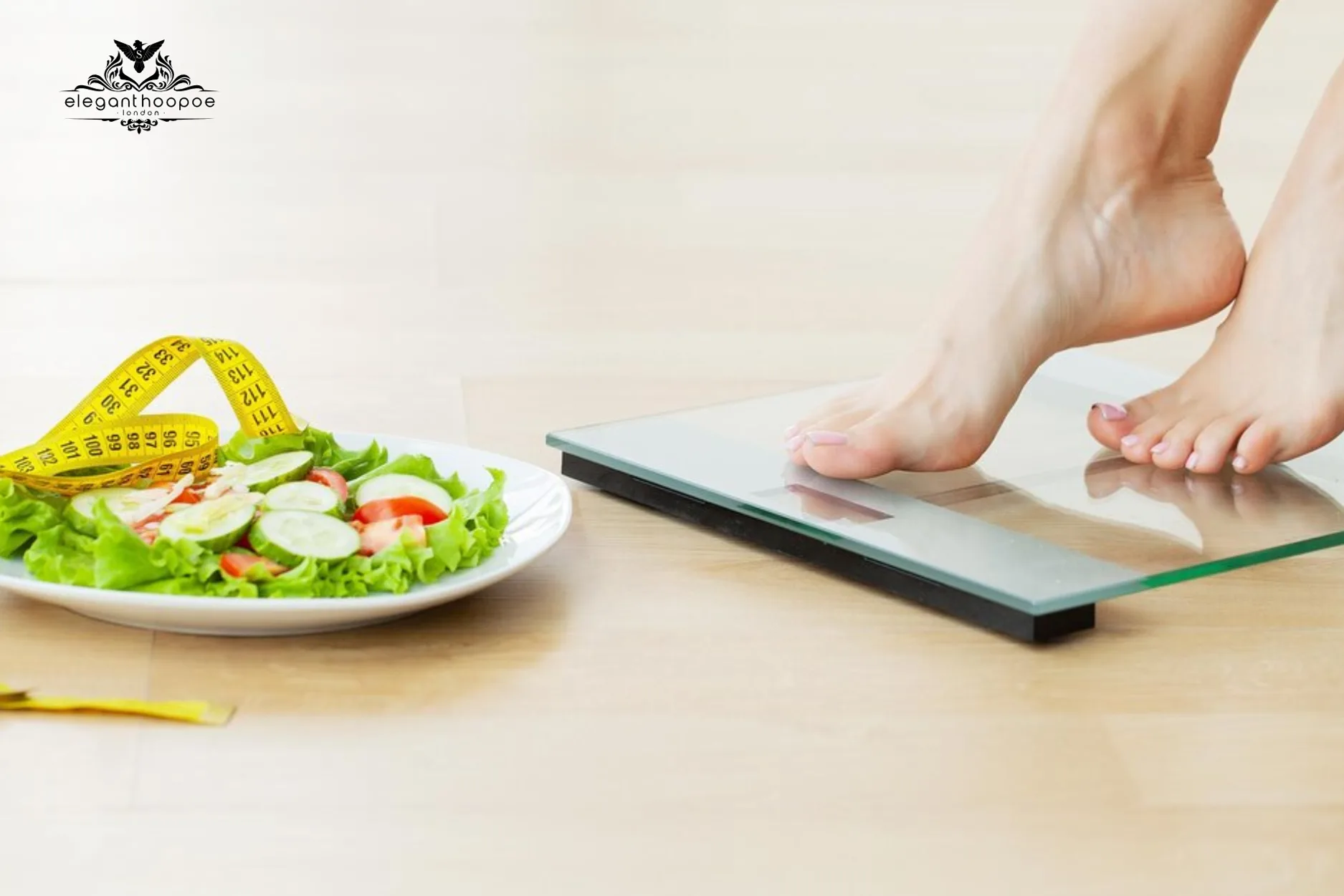 Person stepping on a digital scale beside a fresh salad and measuring tape, representing mindful Body Mass Index tracking and dietary balance.