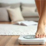 Person stepping on a white analog scale in a cozy living room, symbolizing BMI measurement and highlighting the impact of ethnicity on healthy weight and health risk assessment.