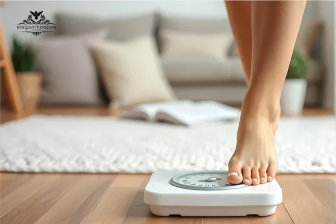 Person stepping on a white analog scale in a cozy living room, symbolizing BMI measurement and highlighting the impact of ethnicity on healthy weight and health risk assessment.