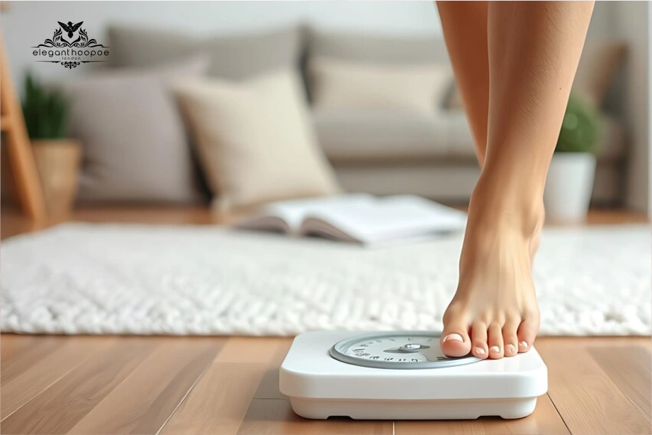 Person stepping on a white analog scale in a cozy living room, symbolizing BMI measurement and highlighting the impact of ethnicity on healthy weight and health risk assessment.