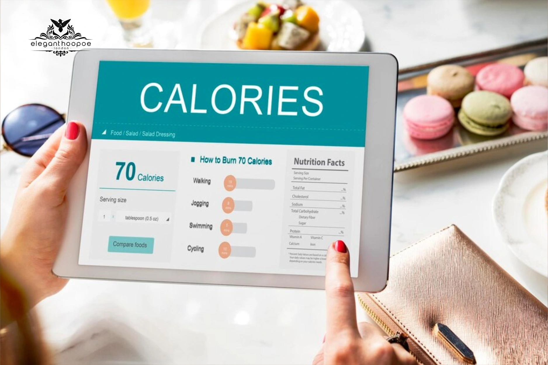 Tablet screen showing calories and burn chart, illustrating how a body fat percentage calculator helps balance intake vs. expenditure