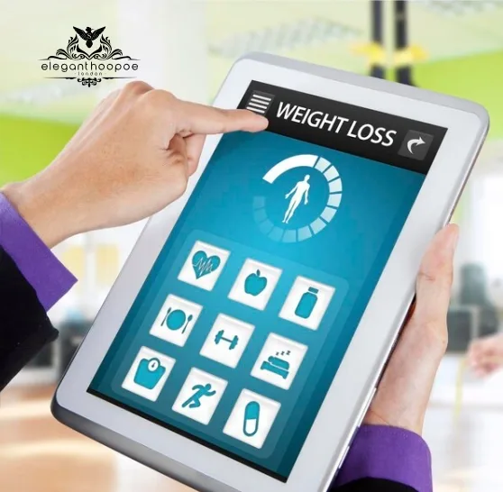 Person using a weight-loss tablet app that features health icons