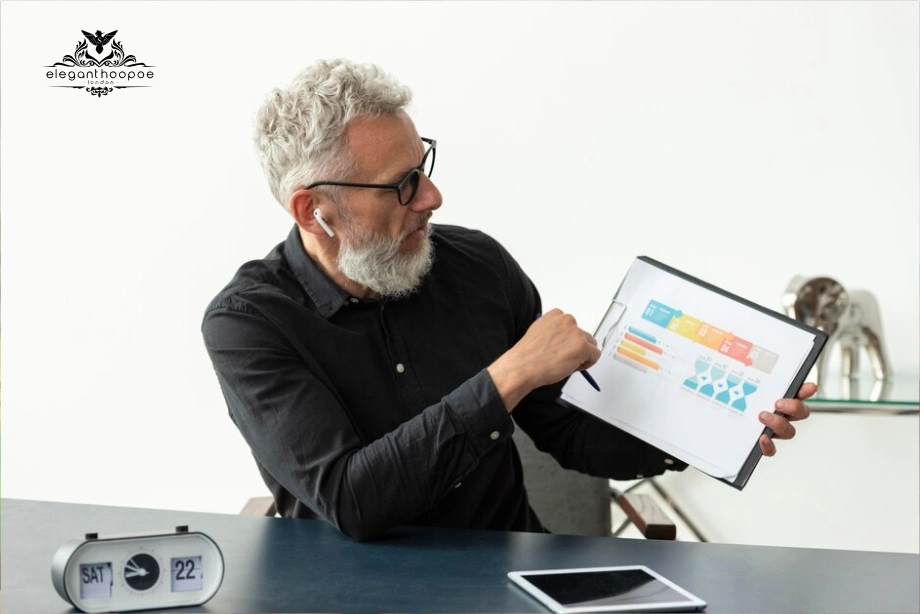 Older man pointing to colorful BMI and Age infographic