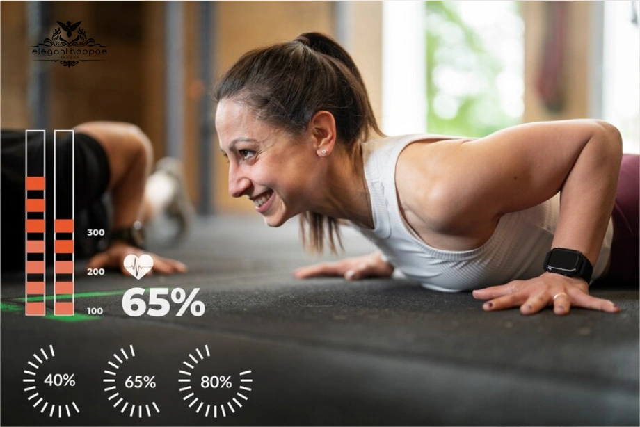 Woman doing push-ups with heart-rate overlay for BMI and Age