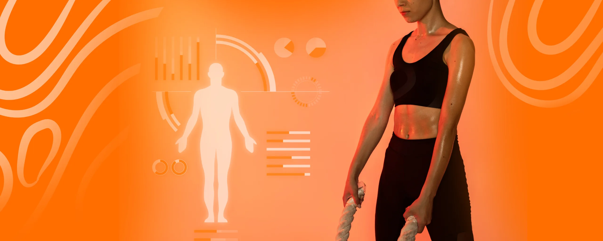 Female athlete using battle ropes with digital fitness analytics overlay, symbolizing the connection between muscle mass, body composition, and ideal weight