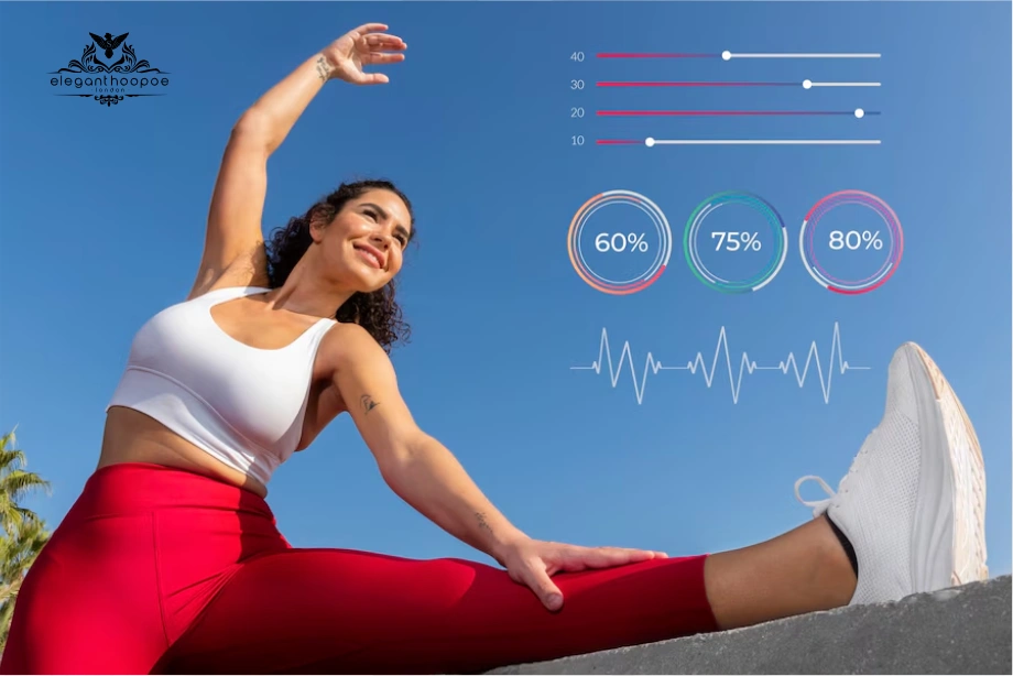 Woman stretching outdoors with heart-rate graphics overlay