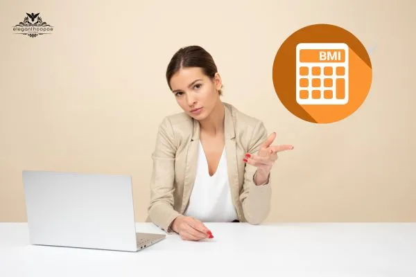 Woman pointing toward a BMI calculator icon on a beige background