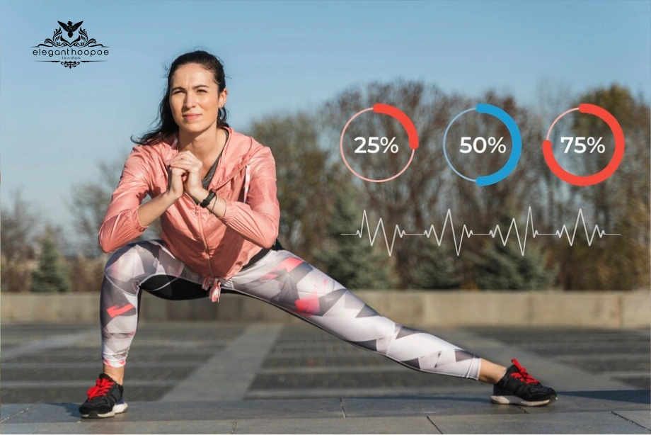 Woman performing side lunge with circular graphics showing 25 % 50 % 75 % body fat zones