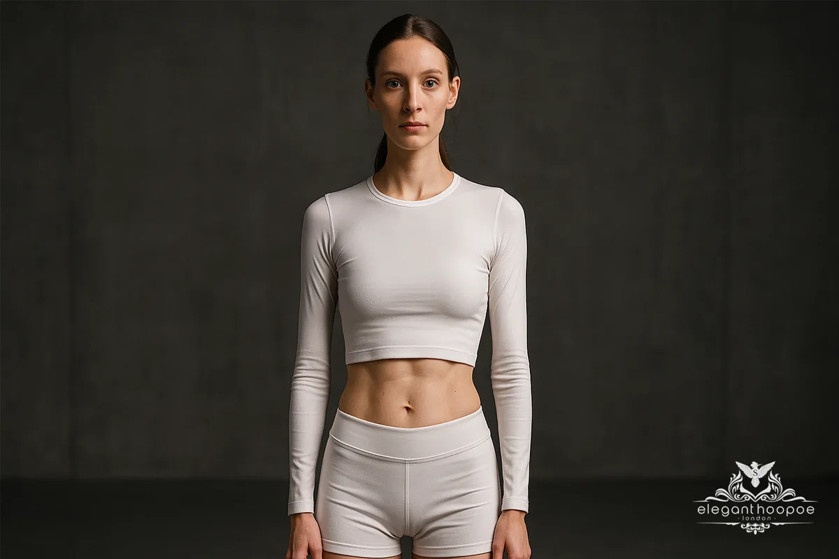 A person with a lean figure wearing a white crop top and shorts, illustrating the physical characteristics of an underweight BMI category