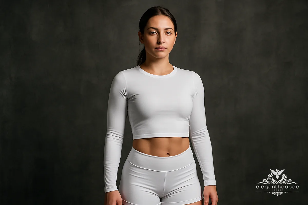 A person wearing a white crop top and white shorts with a proportionate figure, symbolizing a normal BMI range and balanced muscle-to-fat ratio